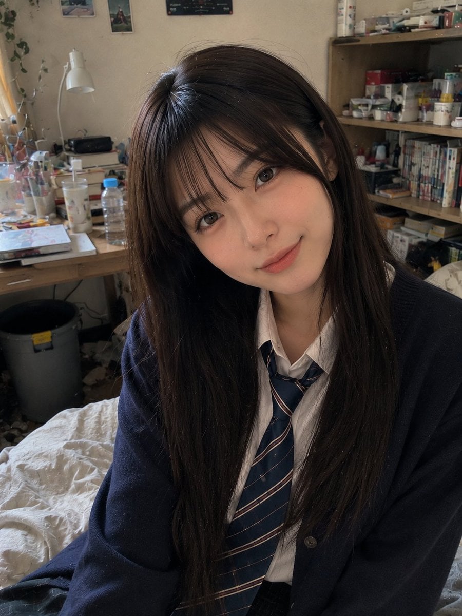 Beautiful young Japanese woman (22 years old) with long straight dark brown hair and soft…