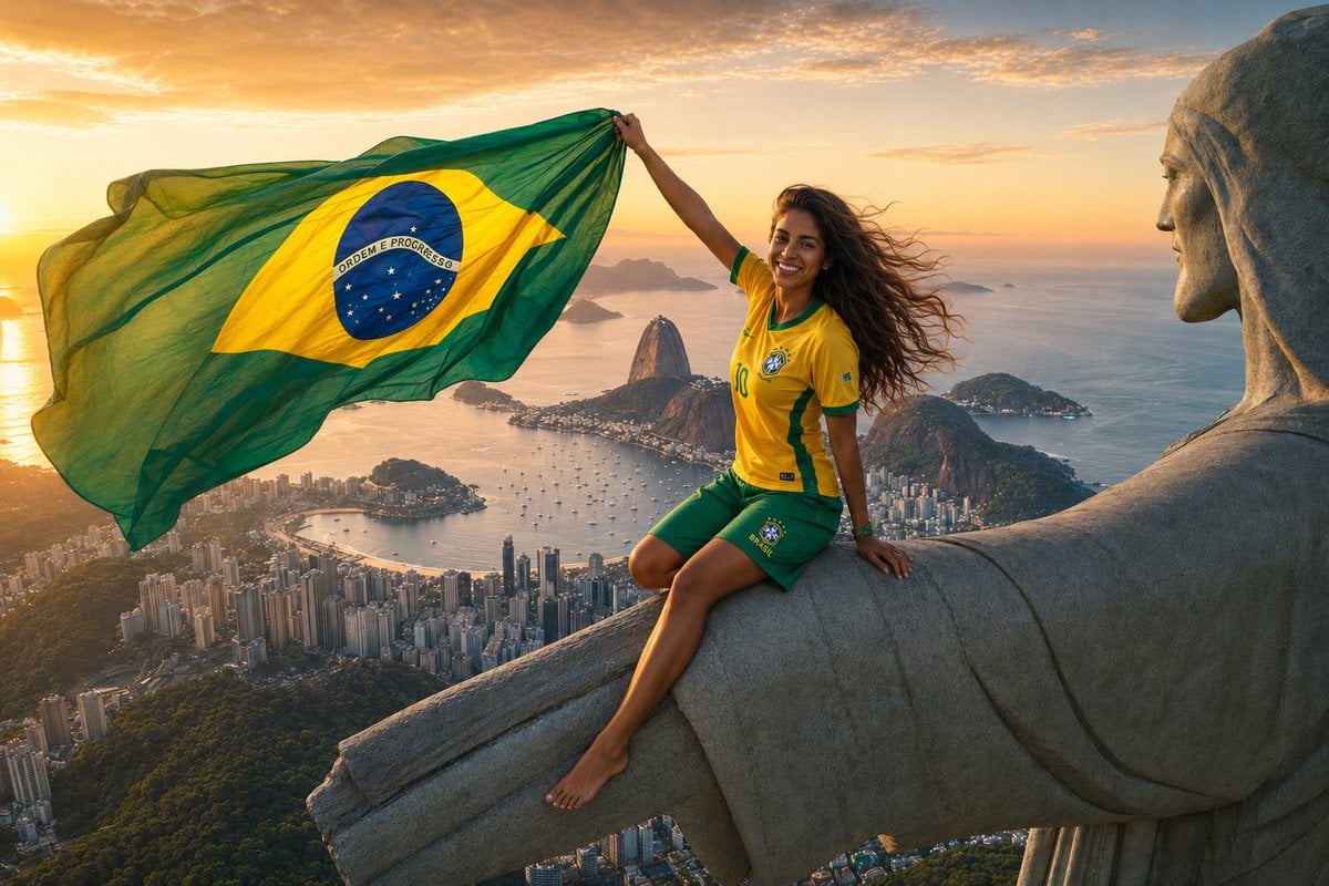 Young Brazilian football supporter with long wavy dark hair and a joyful expression, wear…