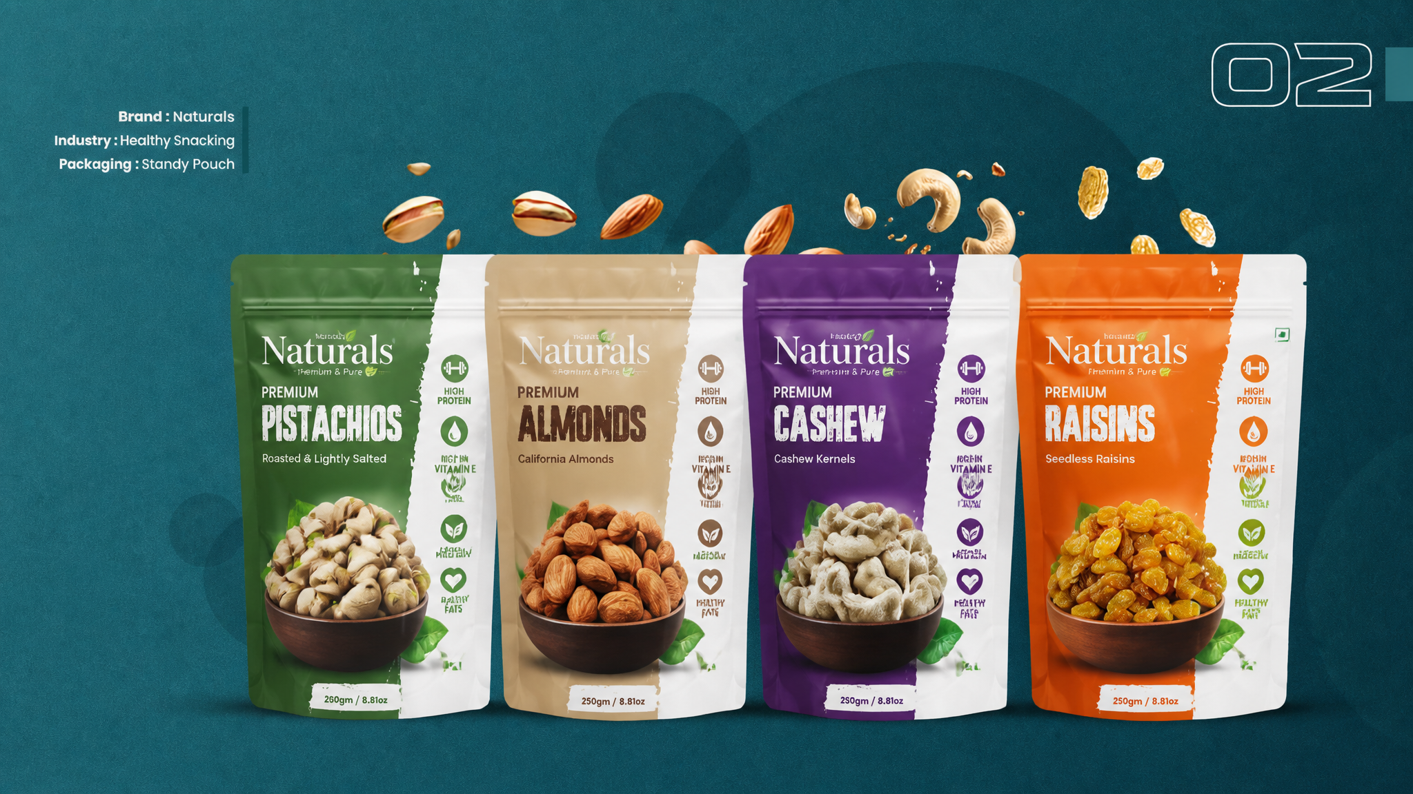 Create a distinctive packaging concept for a premium healthy snacking brand named Natural…