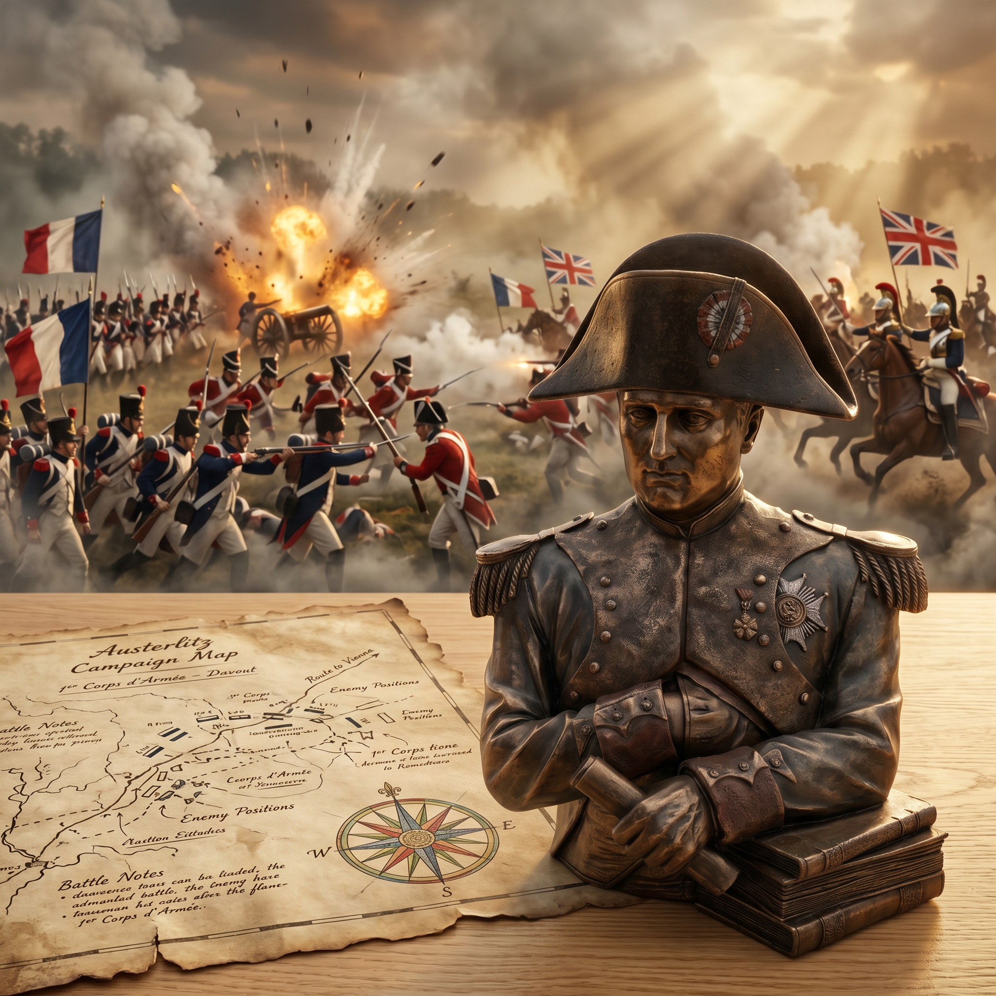 Use the uploaded Napoleon bust statue as the main subject and preserve its exact shape, f…