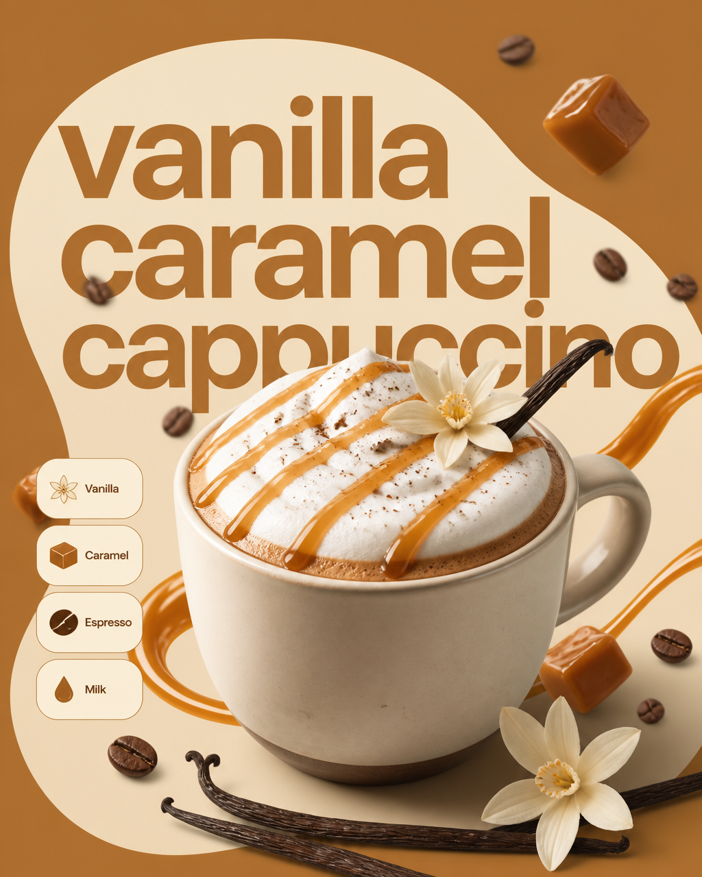 reate a modern minimalist coffee advertisement featuring a hyper-realistic Vanilla Carame…