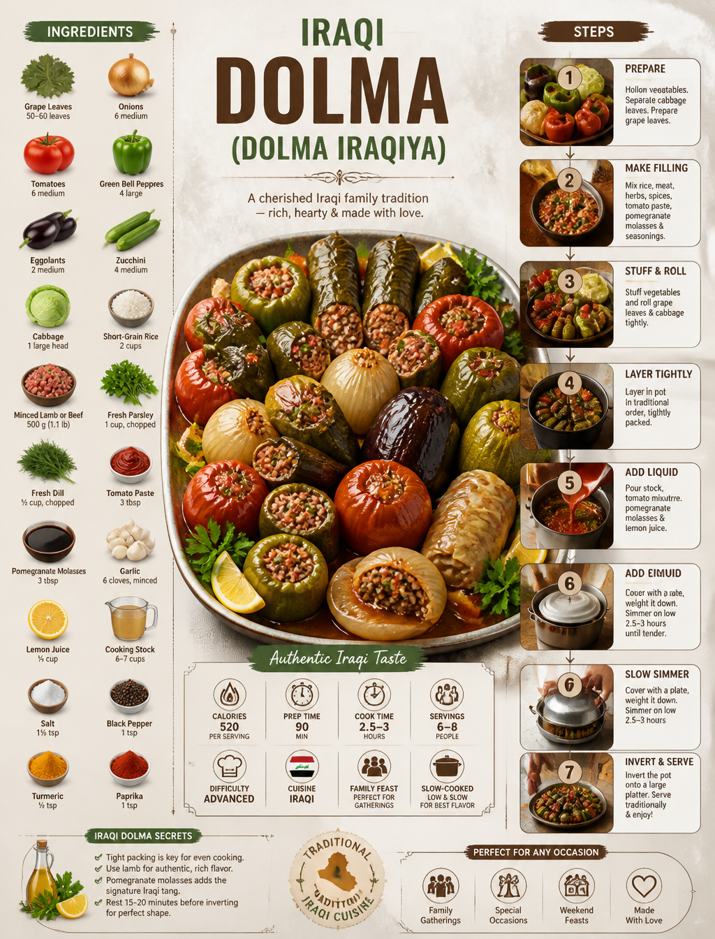 Create an ultra-clean modern recipe infographic showcasing an authentic Iraqi Dolma (Dolm…