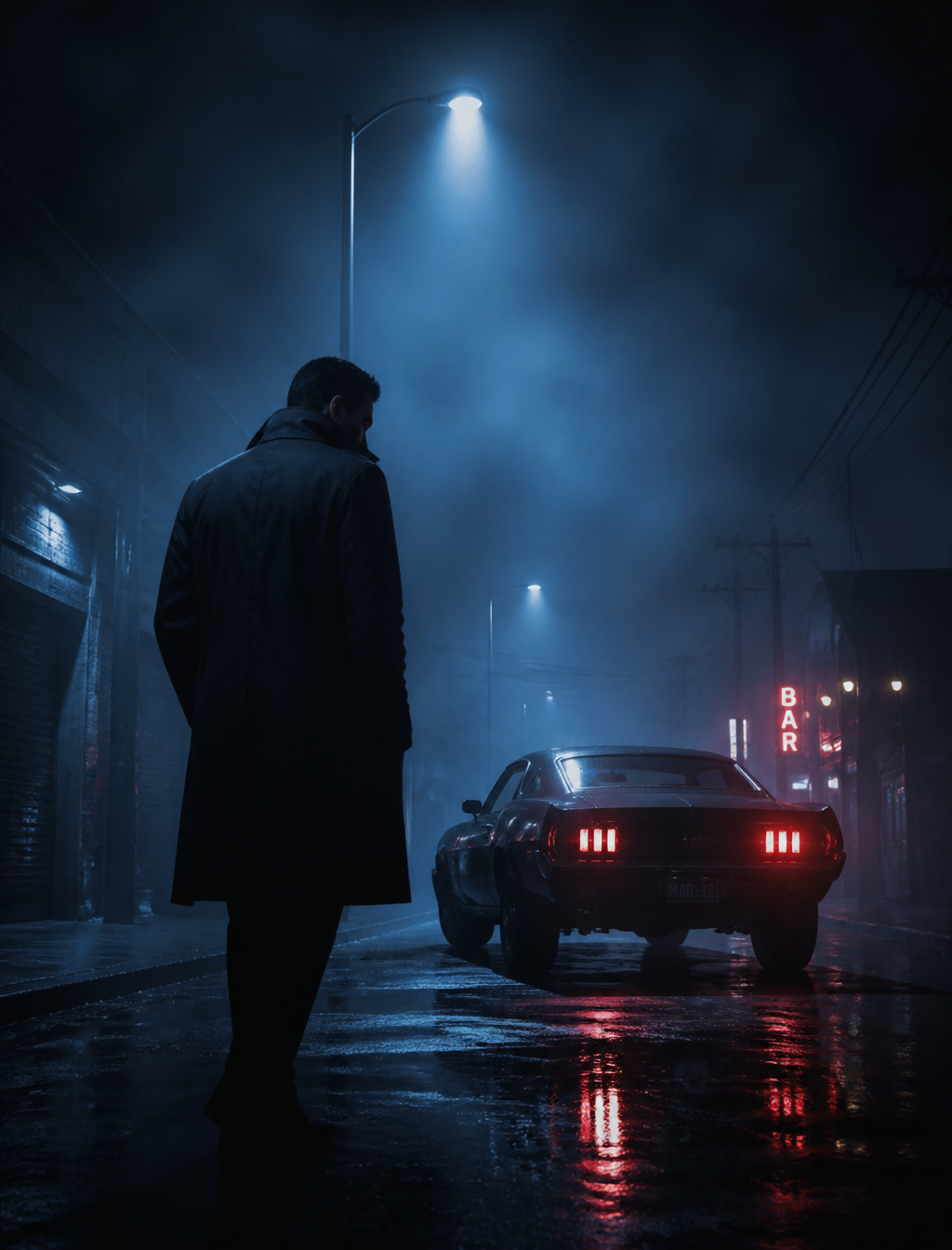 a man in night  a street a muscle car, volumtric haze, and a crime is about to happen , m…