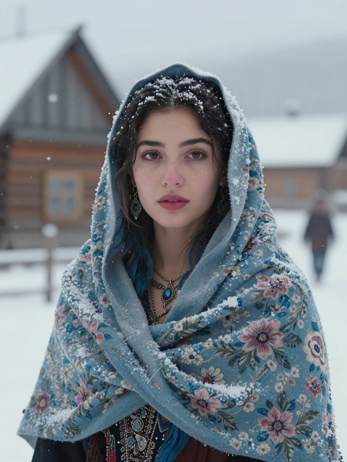 A cinematic portrait of a young Roma woman standing in a snowy village, softly falling sn…