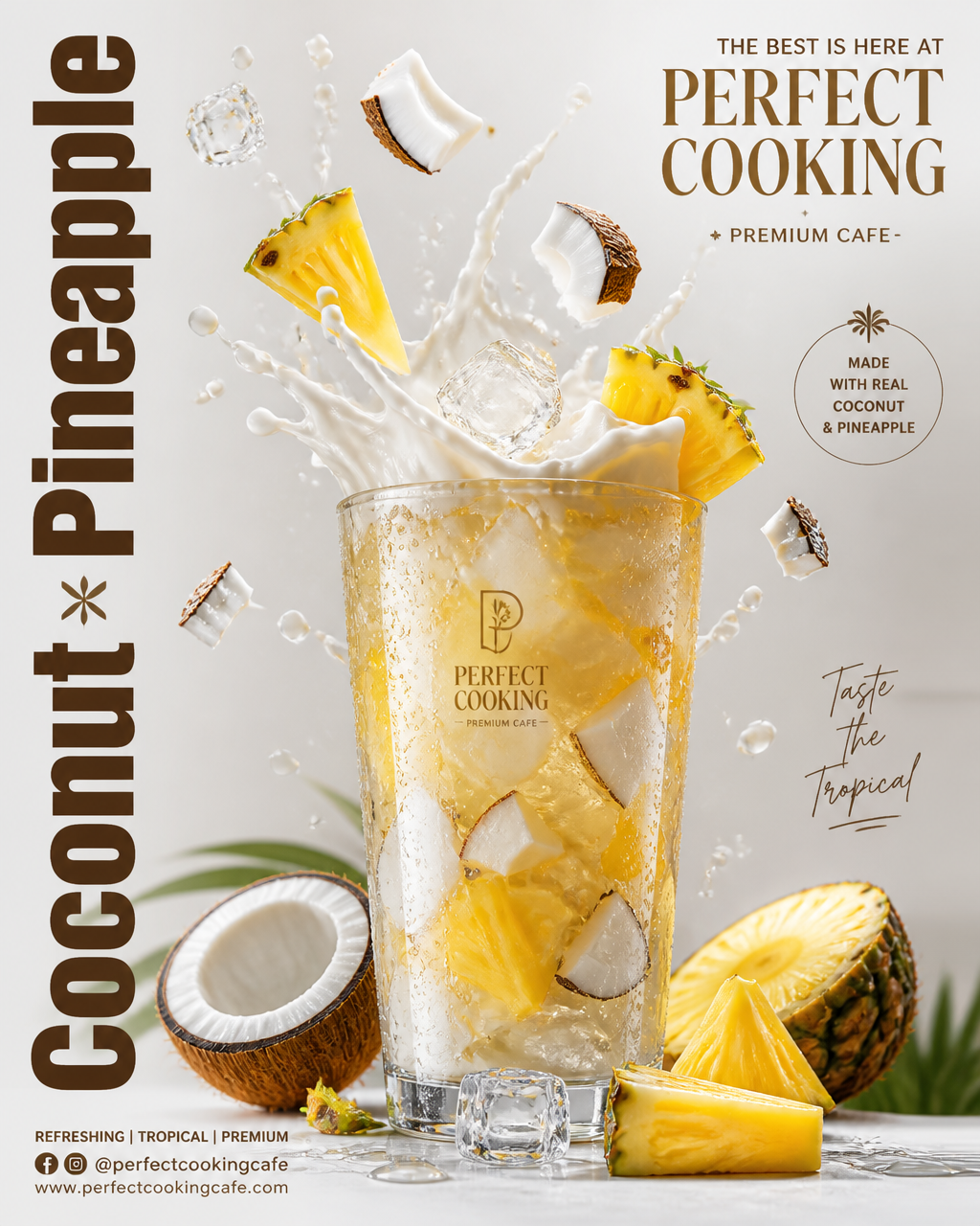 Ultra-realistic premium Coconut + Pineapple advertisement poster design, luxury modern ca…