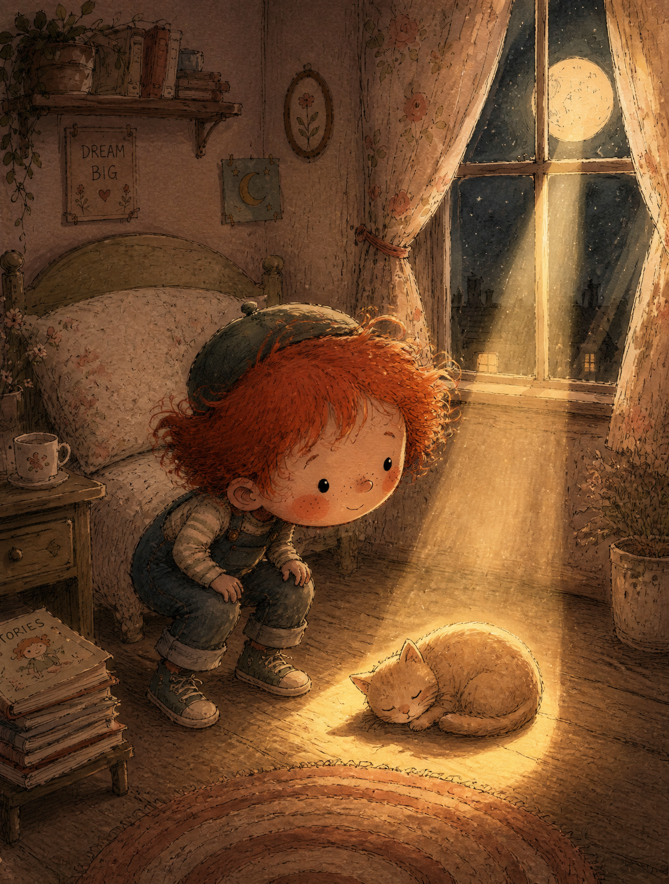 A young boy with wild red hair, freckles, rosy round cheeks, wearing denim overalls and a…