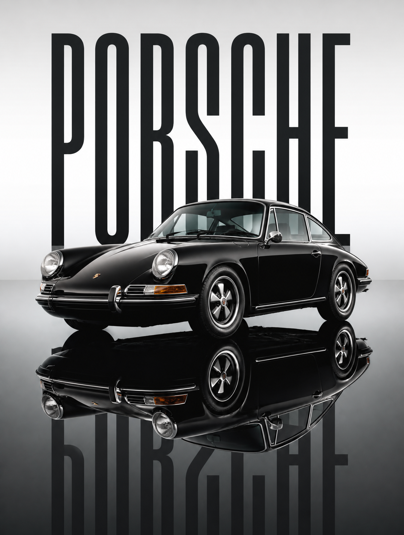 A pristine black 1969 porsche  sits stationary on a dark, mirror-like reflective surface,…