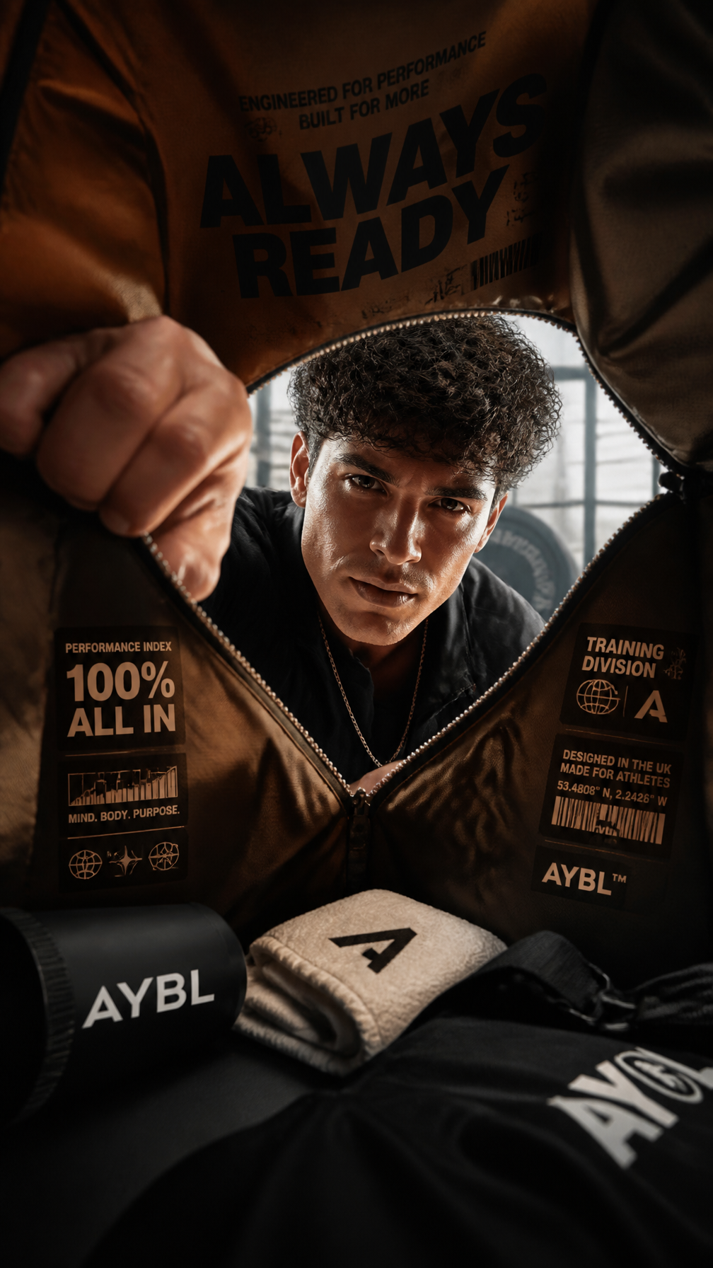 A premium 9:16 sports-fashion advertising poster.Main Subject:A young male model opening …