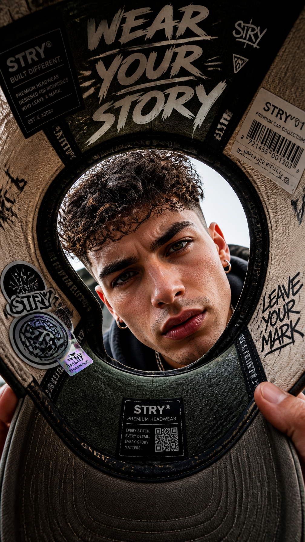 A premium 9:16 streetwear advertising poster.Main Subject:A young male model viewed throu…