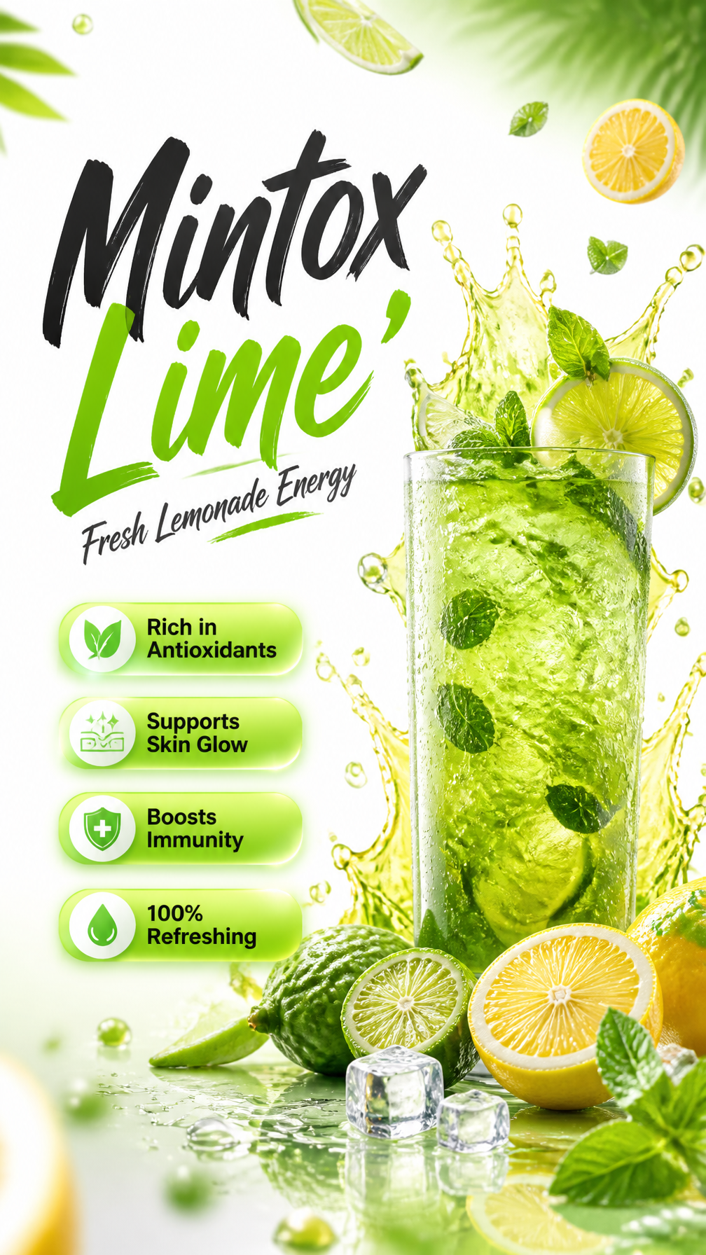 Ultra-realistic premium mixed lime - lemon beverage advertisement poster design, luxury s…
