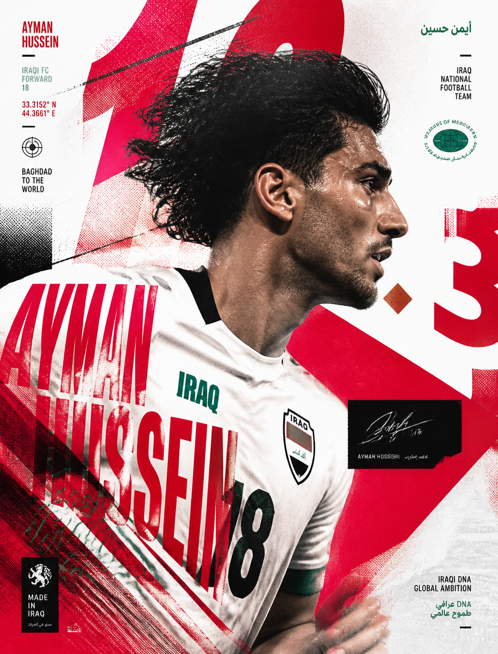 Create an experimental "Ayman Hussein" "iraqi FC player " in  poster built around a strik…