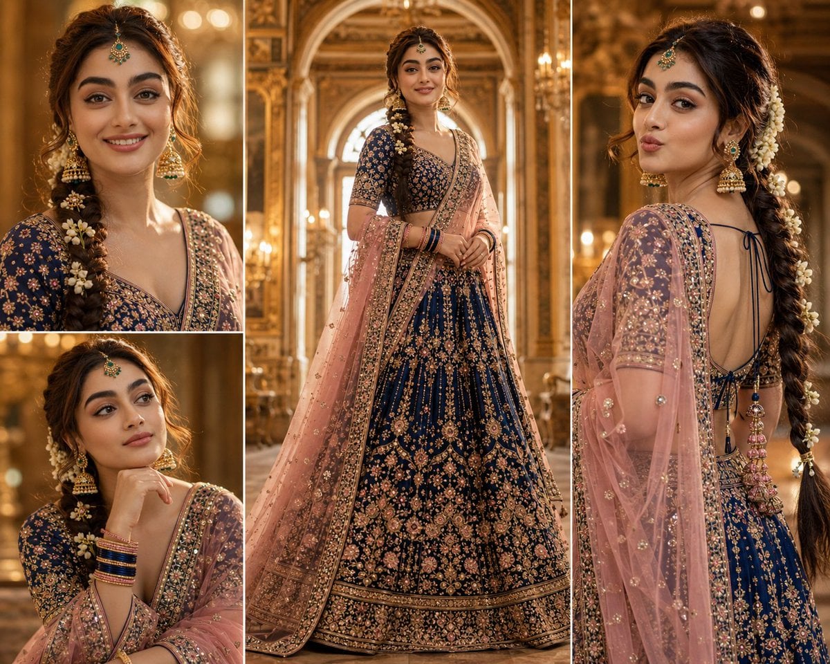 Ultra-realistic cinematic royal portrait collage featuring the same young South Asian wom…