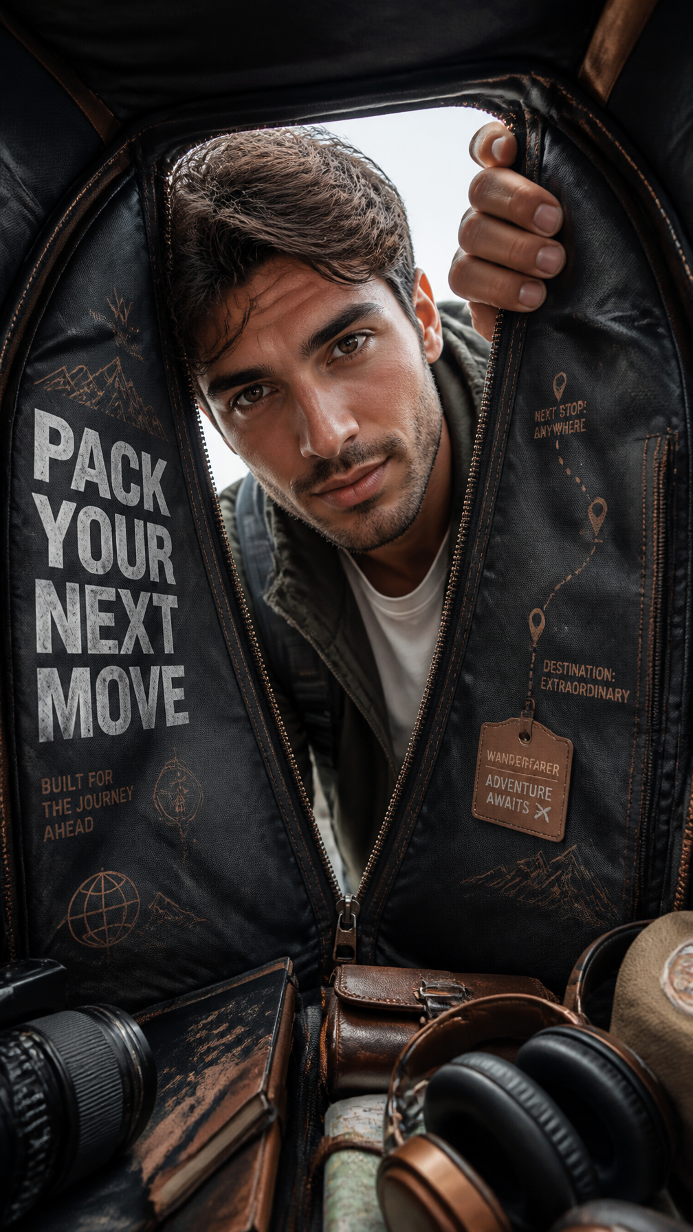 A premium 9:16 travel-lifestyle advertising poster.Main Subject:A young male model lookin…