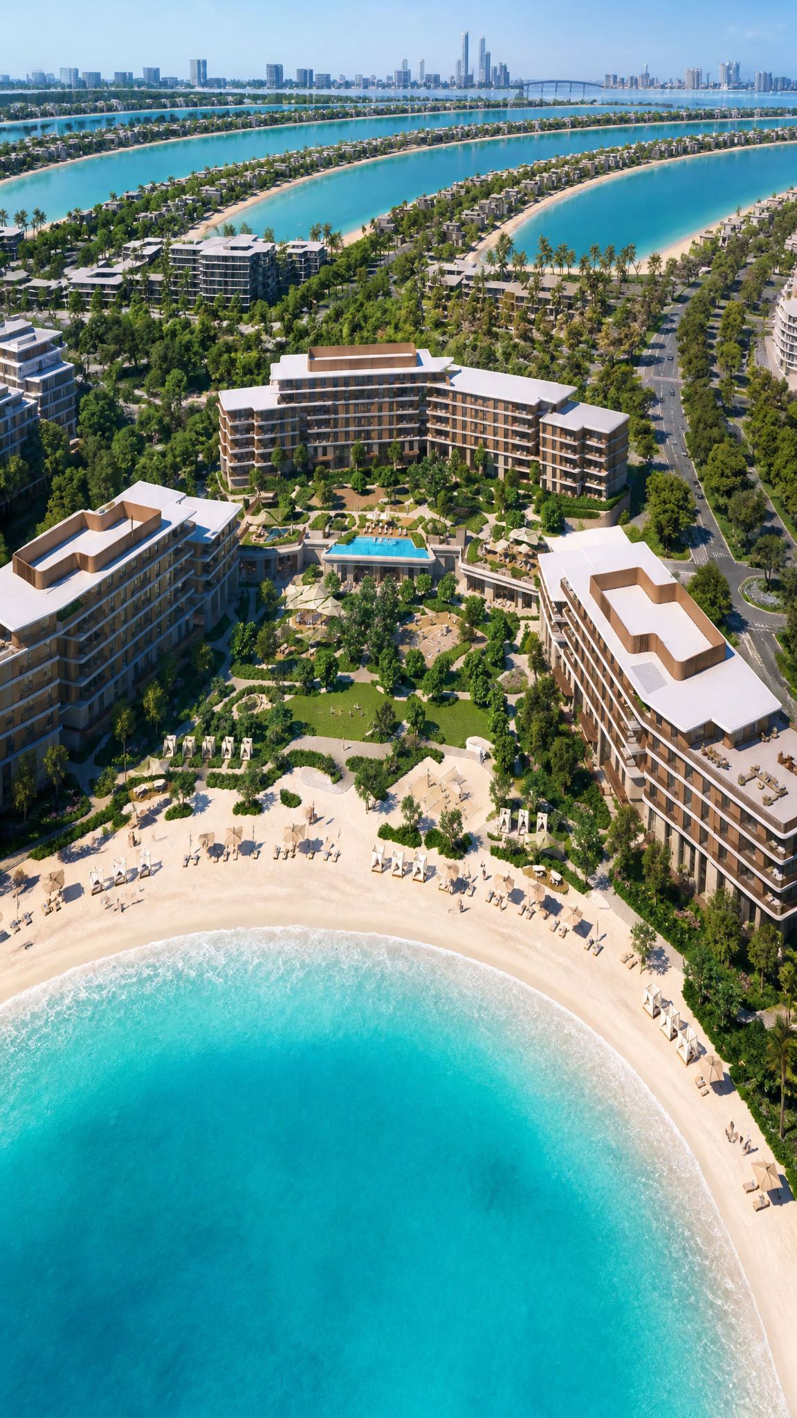 A high-angle aerial perspective captures a luxury coastal resort complex characterized by…