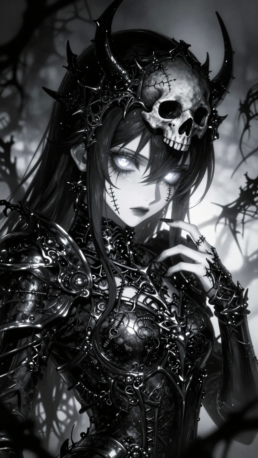 A dark, gothic anime-style character with a porcelain-white complexion emerges from a cha…