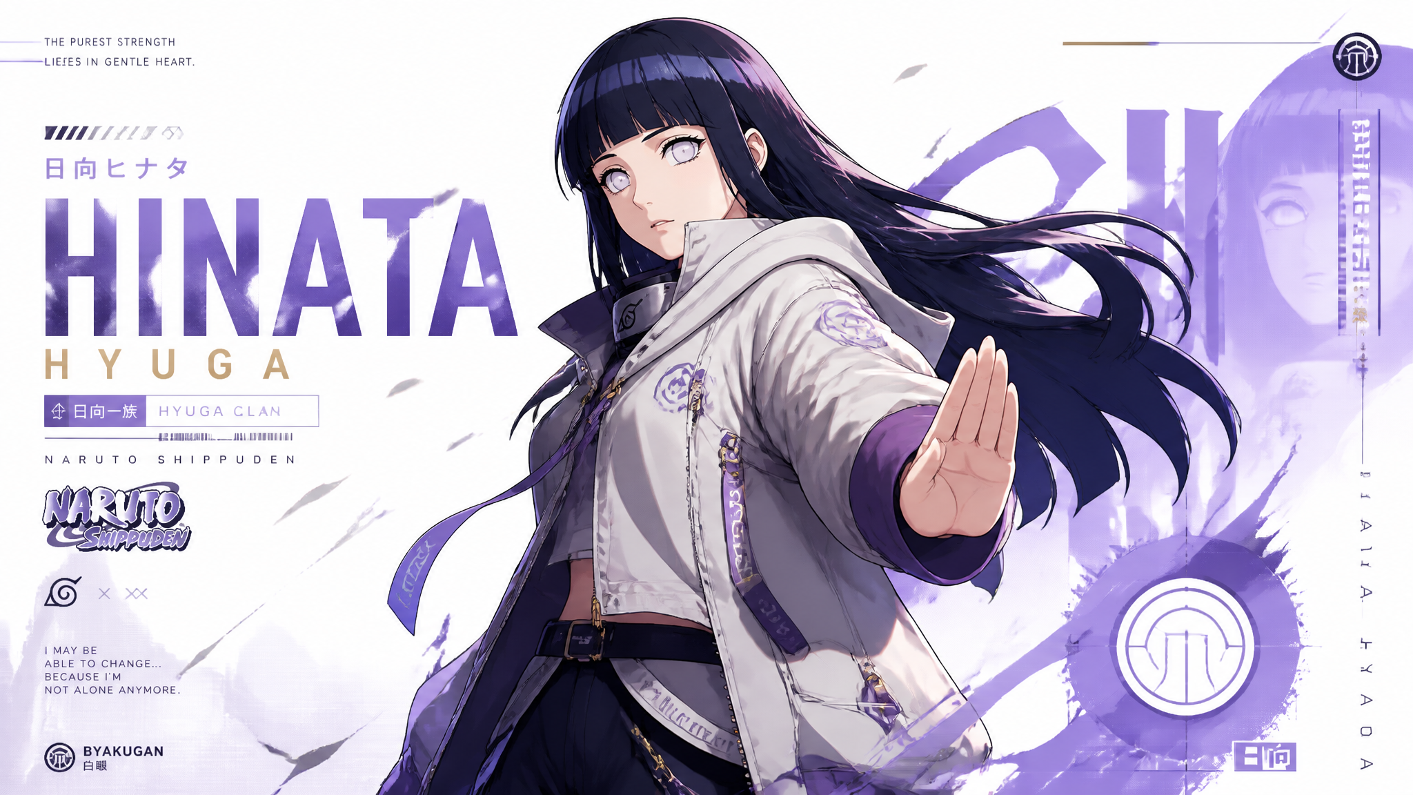 Create a premium collector-edition character poster of Hinata from Naruto.Character Analy…