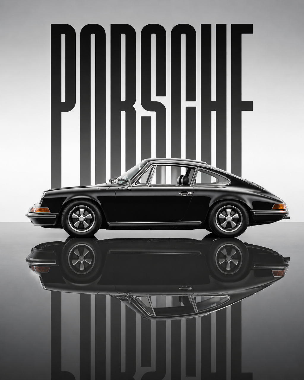 A pristine black 1969 porsche  sits stationary on a dark, mirror-like reflective surface,…