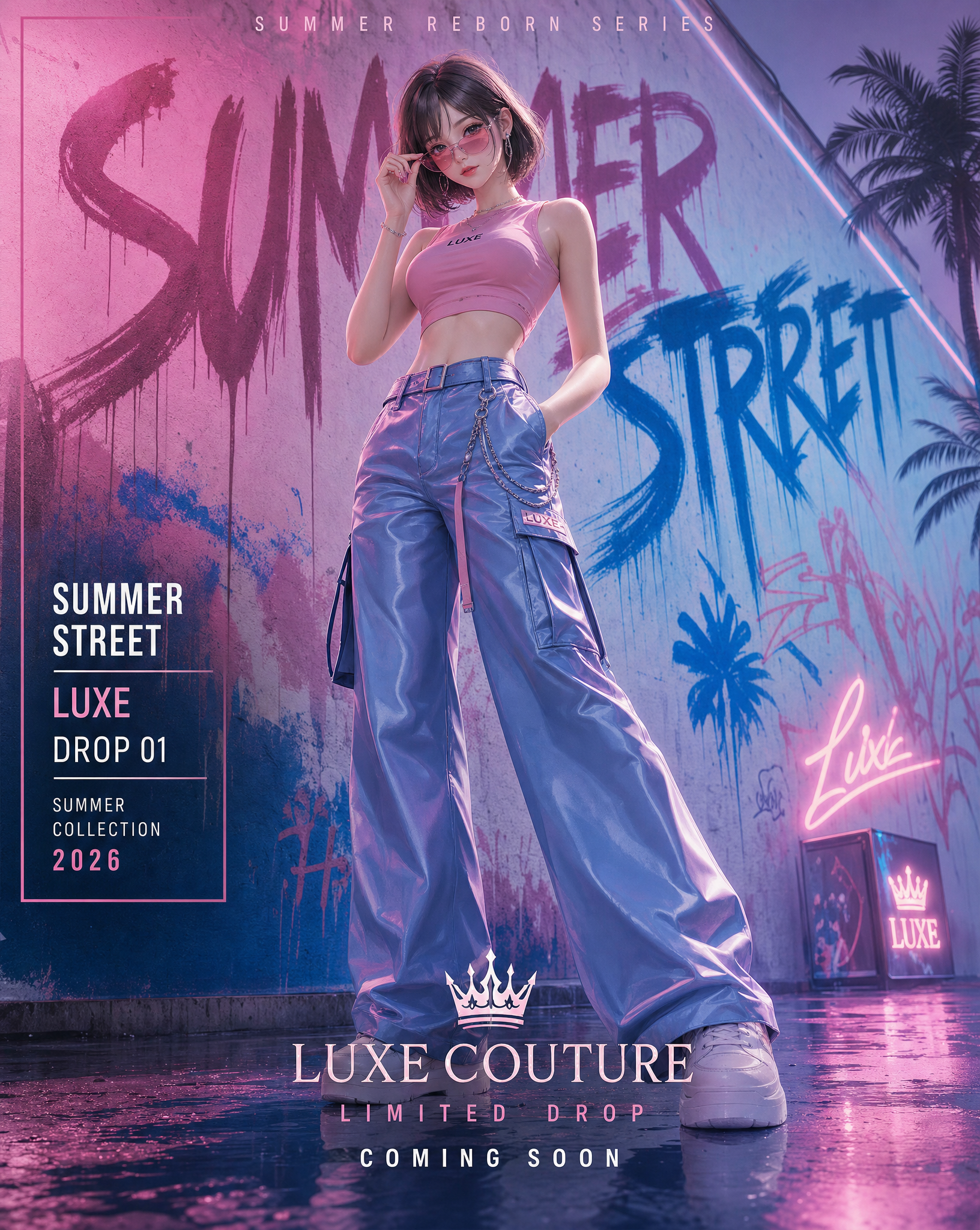 Create a vertical 4:5 high-end street fashion poster in a summer luxury aesthetic, blendi…