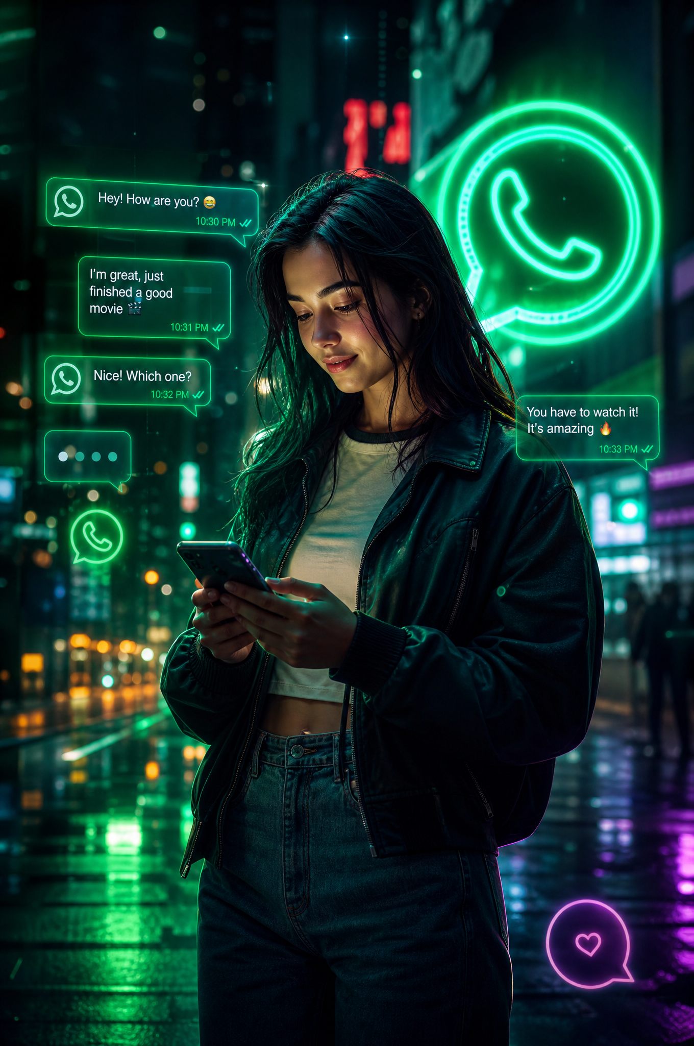 Create a vertical high-resolution cinematic neon poster featuring a modern lifestyle scen…