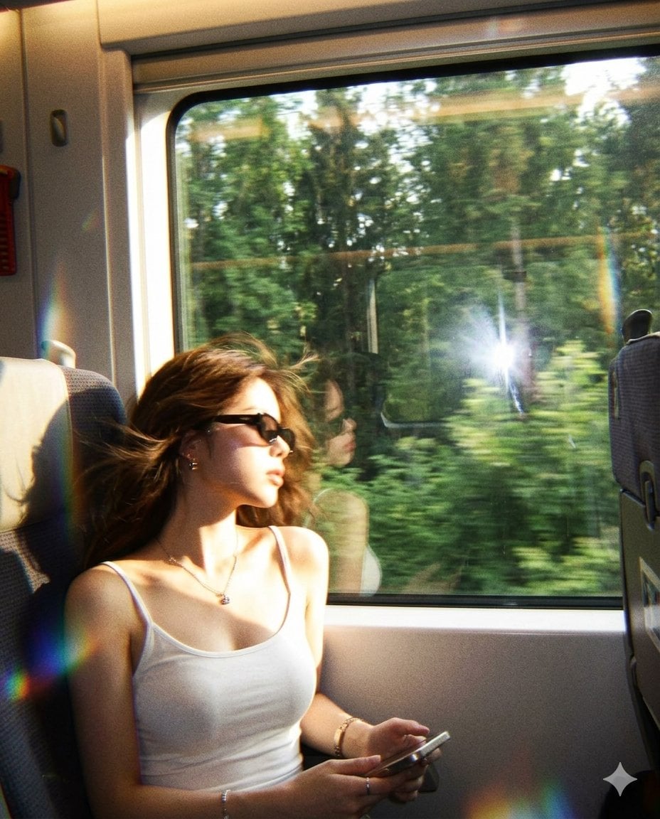 A candid quiet train-window moment during golden afternoon light. The subject sits curled…
