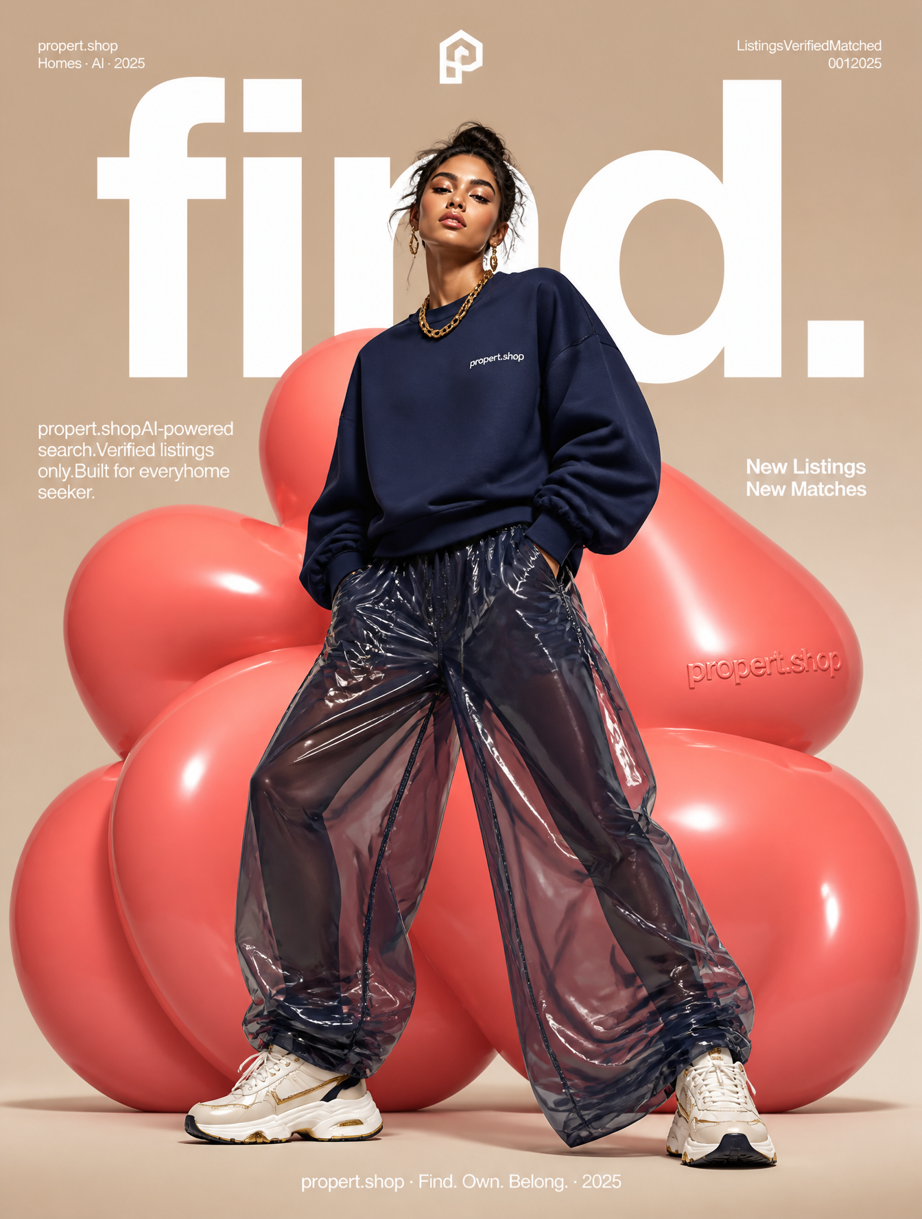 High-fashion futuristic proptech editorial poster for propert.shop, full-body female mode…
