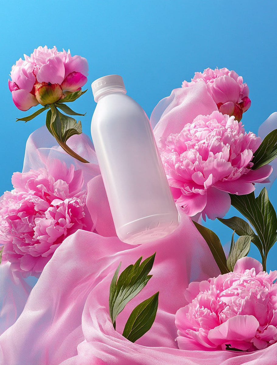 Product photography, "". photograph of a white plastic matte bottle-jug surrounded by pin…