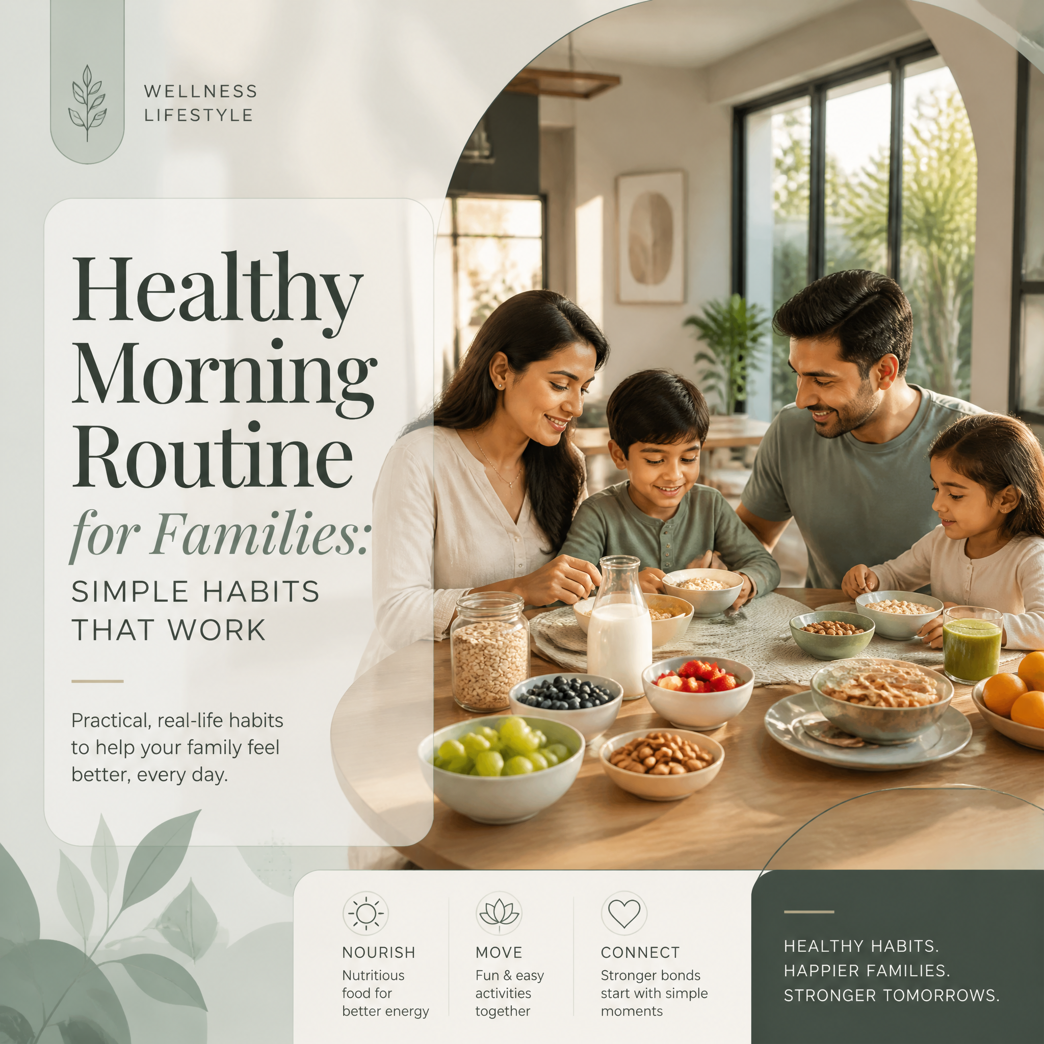 Create a luxury editorial blog cover design for the title "Healthy Morning Routine for Fa…