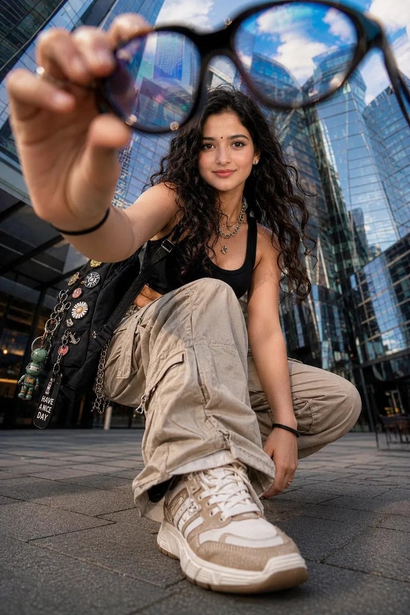 Ultra-realistic street-fashion editorial photograph captured from an extreme low-angle pe…