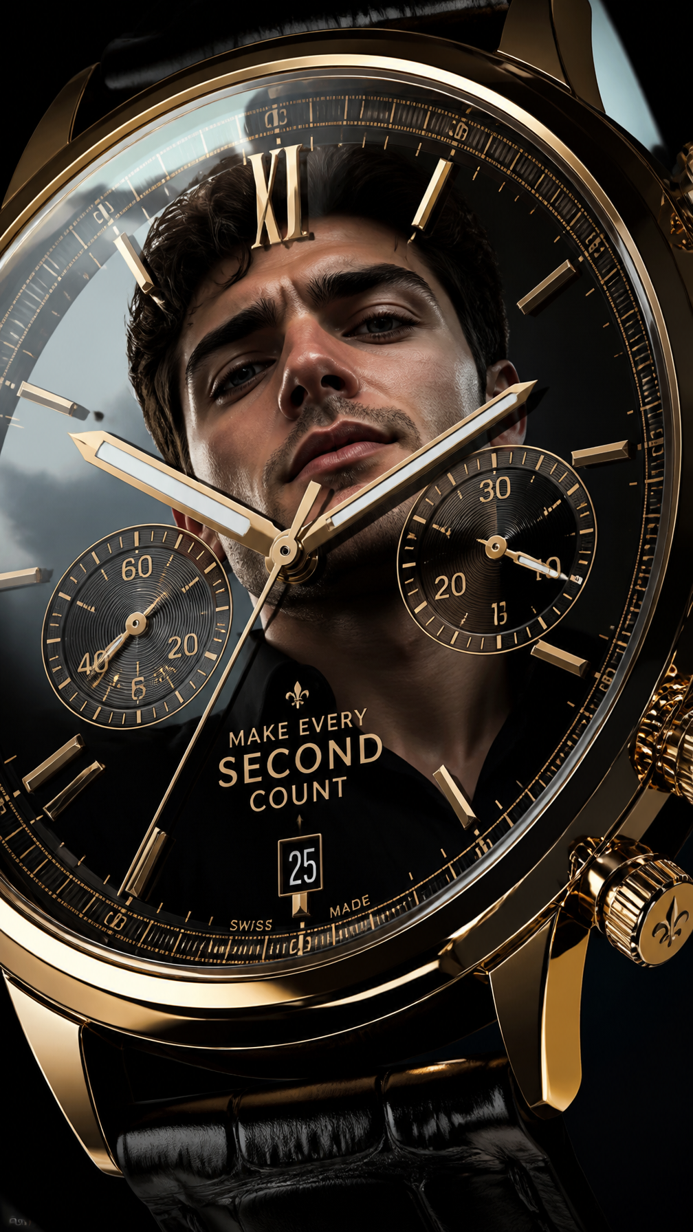 A premium 9:16 luxury watch advertising poster.Main Subject:A young male model reflected …