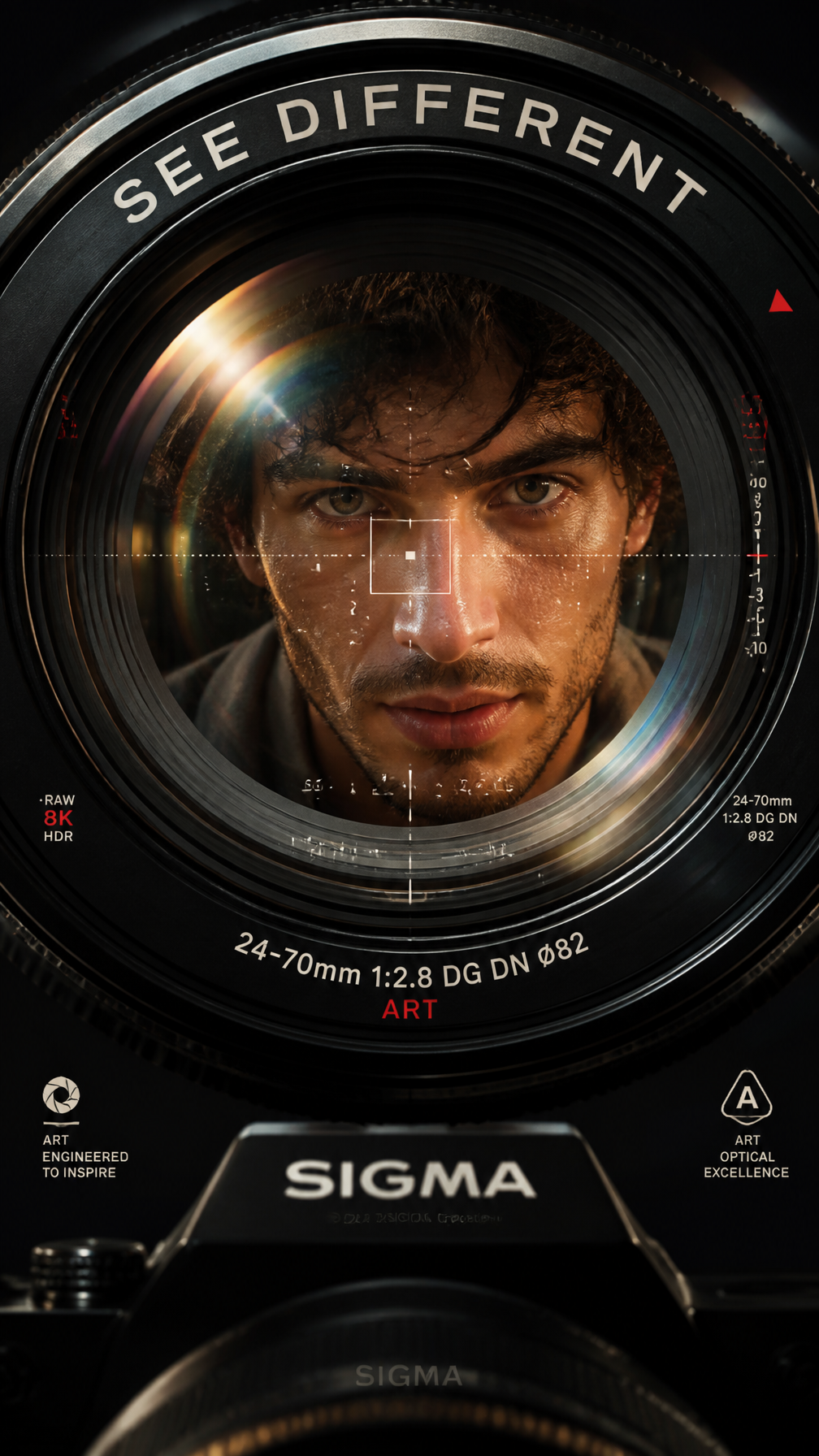 A premium 9:16 camera advertising poster.Main Subject:A young male model reflected inside…