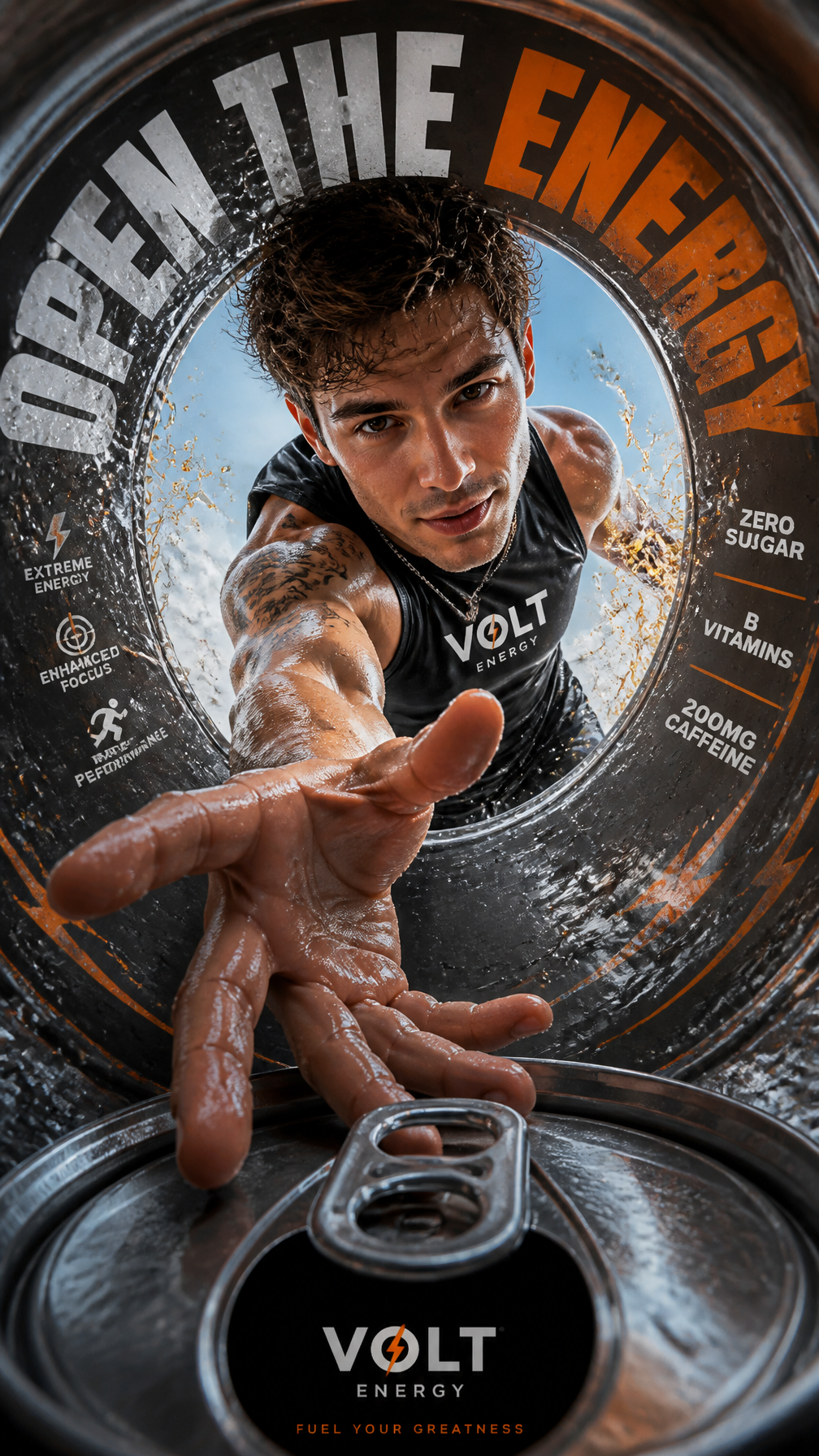 A premium 9:16 energy drink advertising poster.Main Subject:A young male model emerging f…