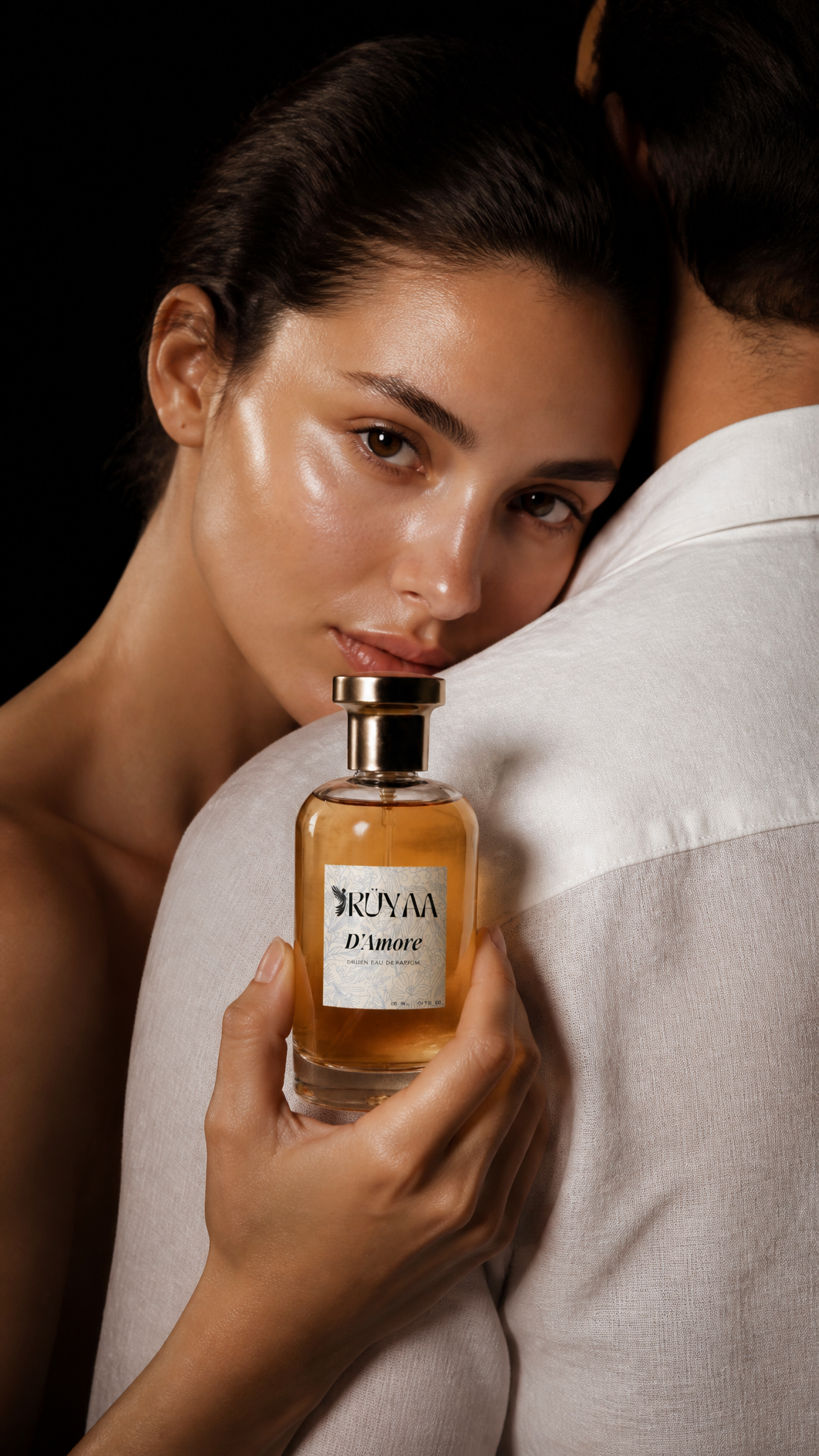 A high-end editorial perfume advertisement features a woman with luminous, dewy skin rest…