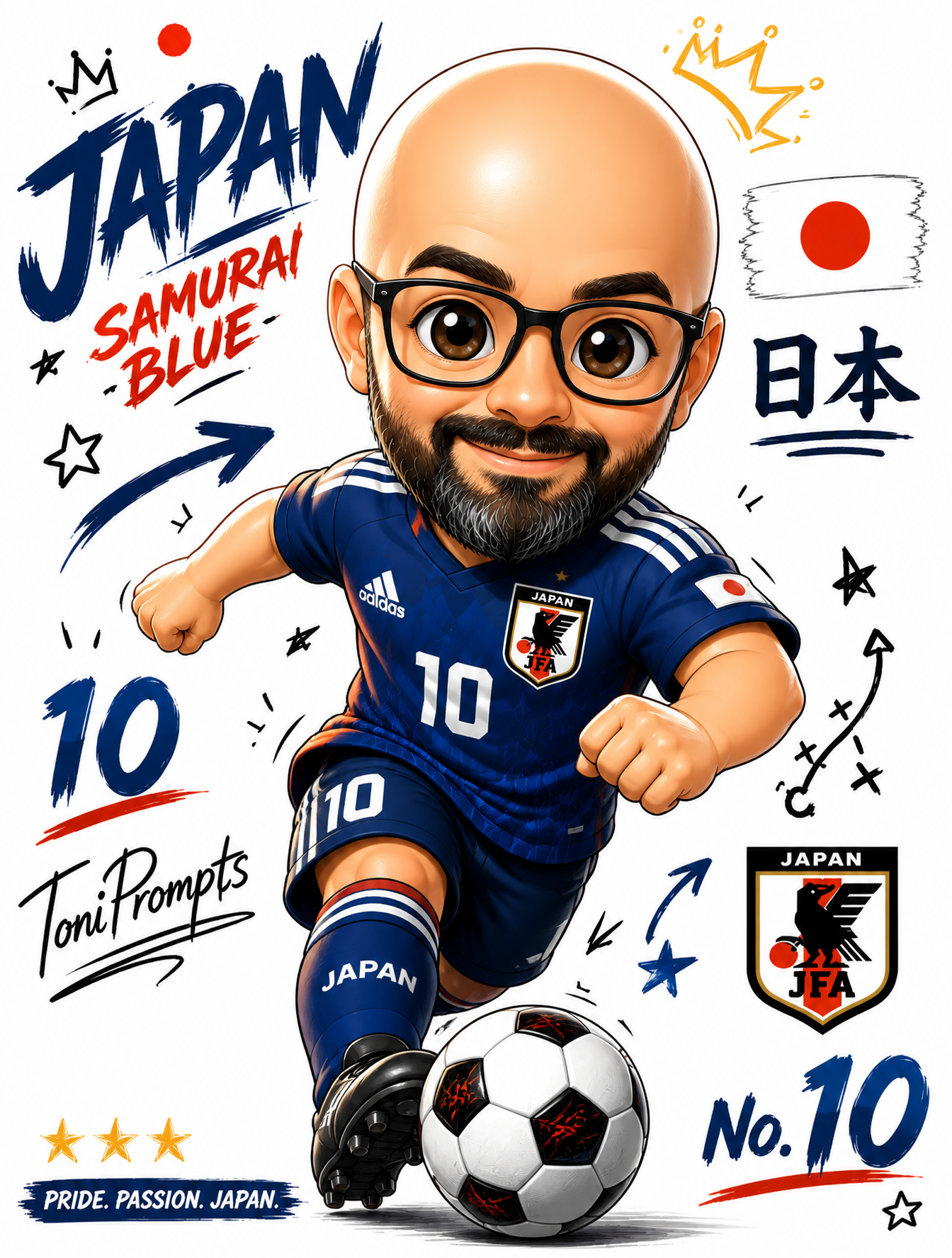 Crea una ilustración de un cartel como un jugador de fútbol de la selecció japonesa en un…