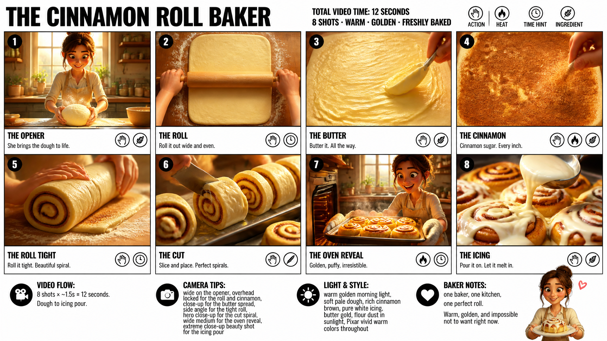 Create a crisp, clean infographic storyboard poster for THE CINNAMON ROLL BAKER. Wide 16:…