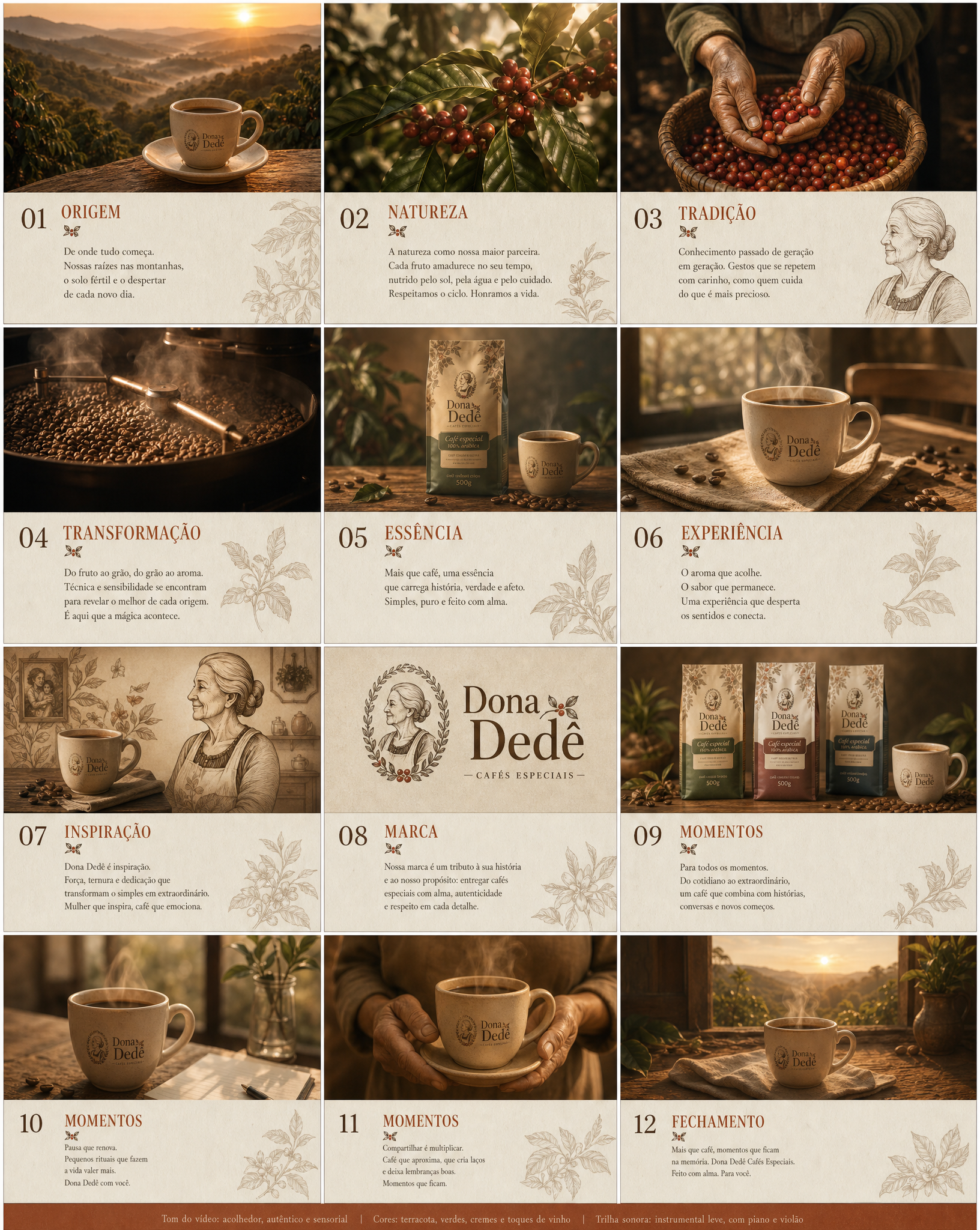 Create a warm 4:3 artisanal coffee brand pitch deck storyboard in 3x4 grid (12 frames), e…