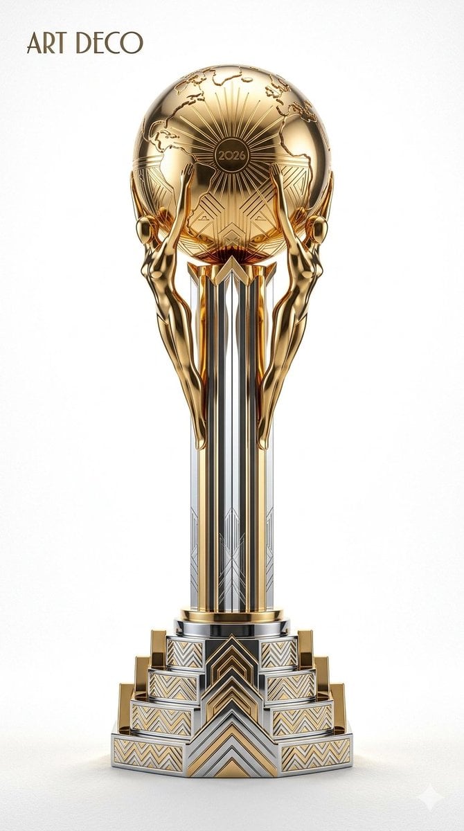 A highly detailed reimagination of the official FIFA World Cup Trophy 2026 in the iconic …