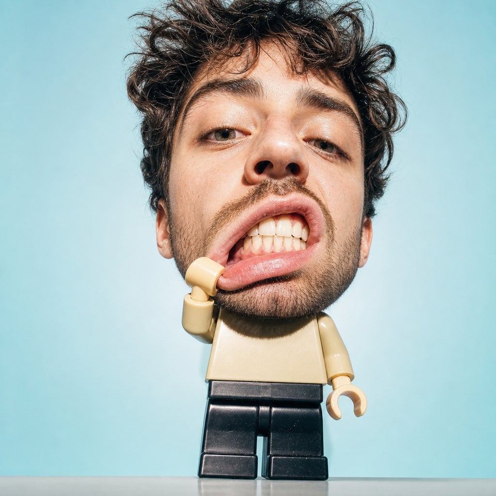 Create a surreal studio portrait of a man from an attached photo with a large-size photor…