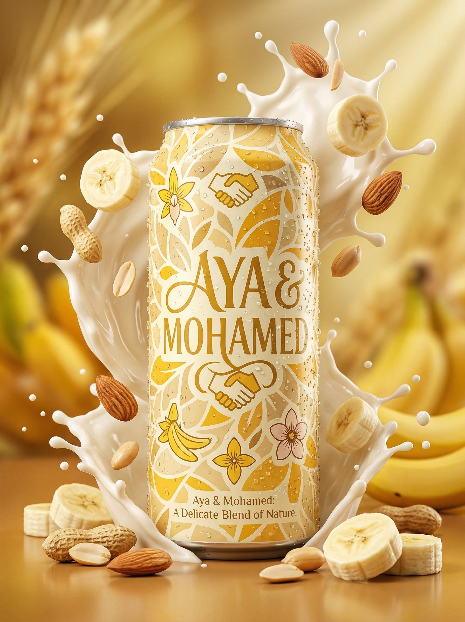 Hyper-realistic product advertisement of a AYA & MOHAMED can with yellow and cream design…