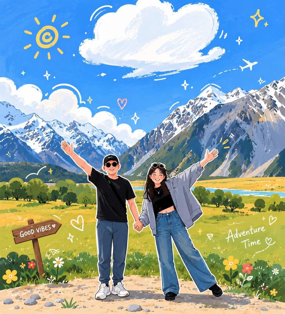 Transform the uploaded travel photo into a charming hand-drawn anime illustration while p…