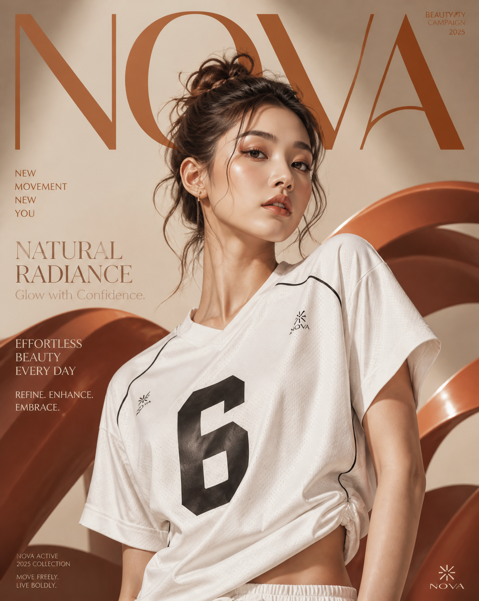 Professional beauty makeup campaign poster for the brand NOVA. Beautiful young Korean wom…
