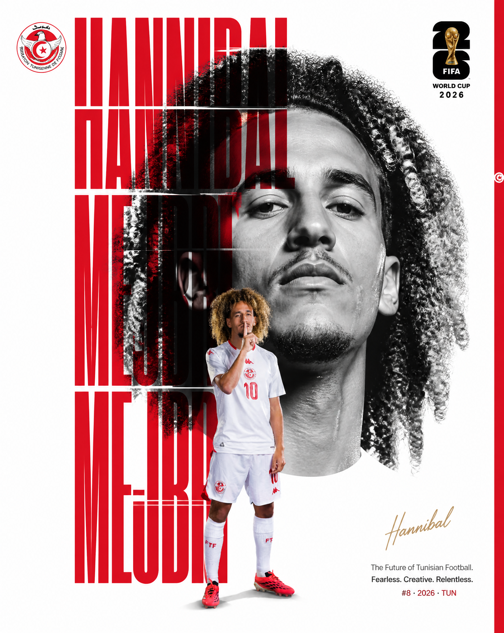 Create a luxury FIFA World Cup 2026 editorial poster featuring Hannibal Mejbri, Tunisia n…