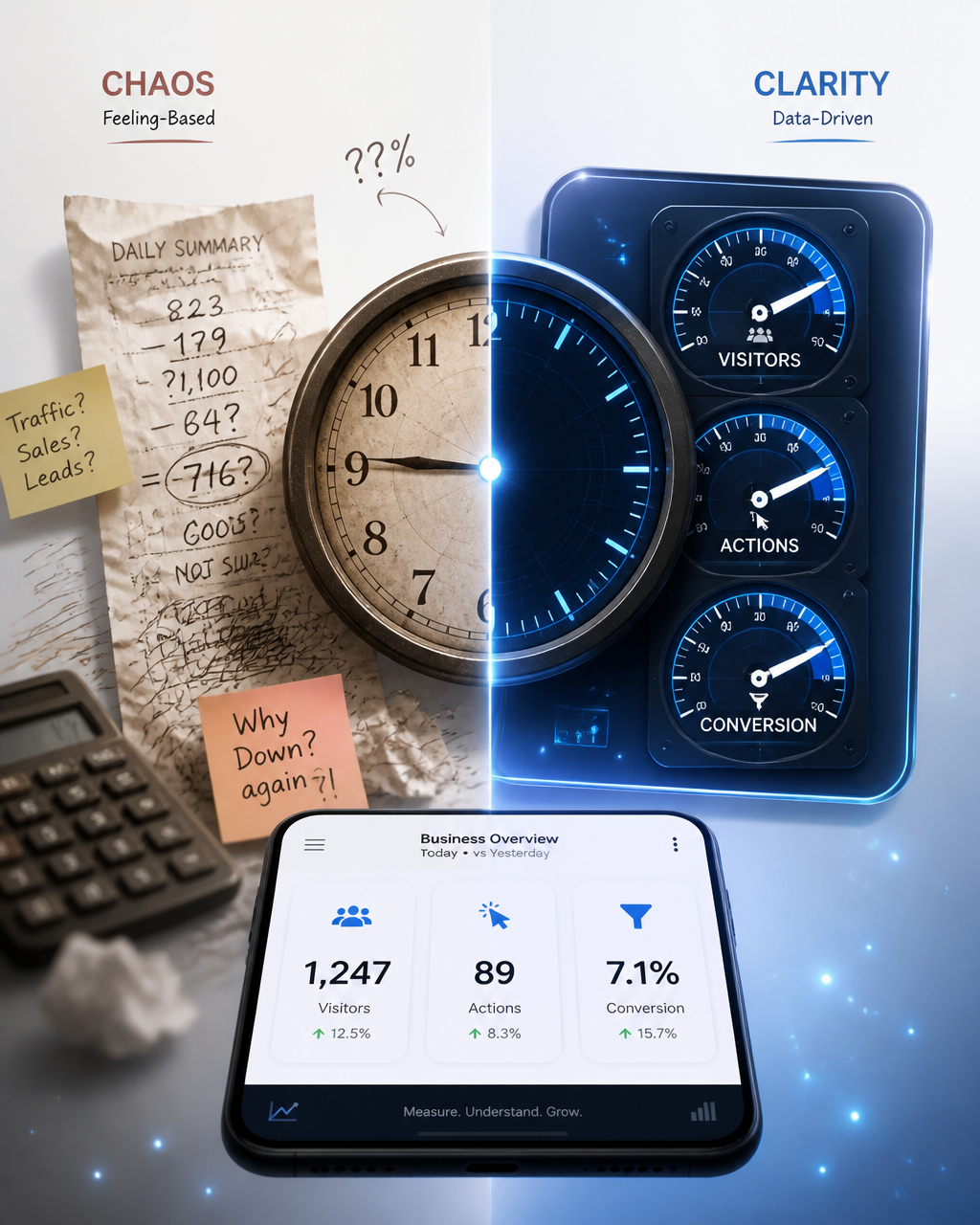 Create a vertical 4:5 (1080x1350) mixed-style visual: business analytics dashboard transf…