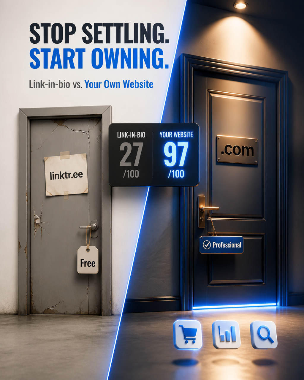 Create a vertical 4:5 (1080x1350) mixed-style visual: a bold comparison between a basic l…
