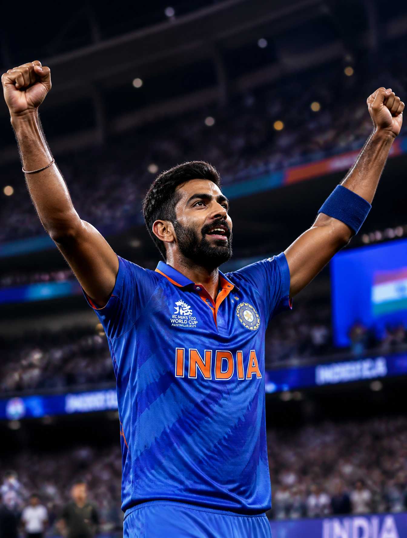 #4263eb, Jasprit Bumrah in an Indian cricket jersey, celebrating a victory with arms rais…