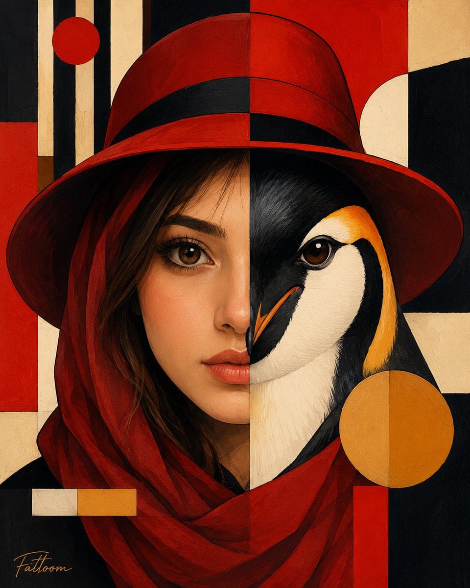 Create a premium fine-art surreal portrait inspired by geometric modernism and luxury edi…