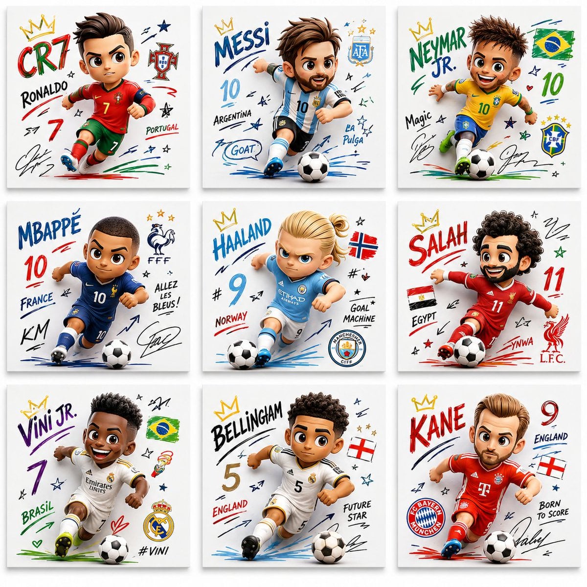 Create a collection of 9 square poster illustrations featuring famous football players in…