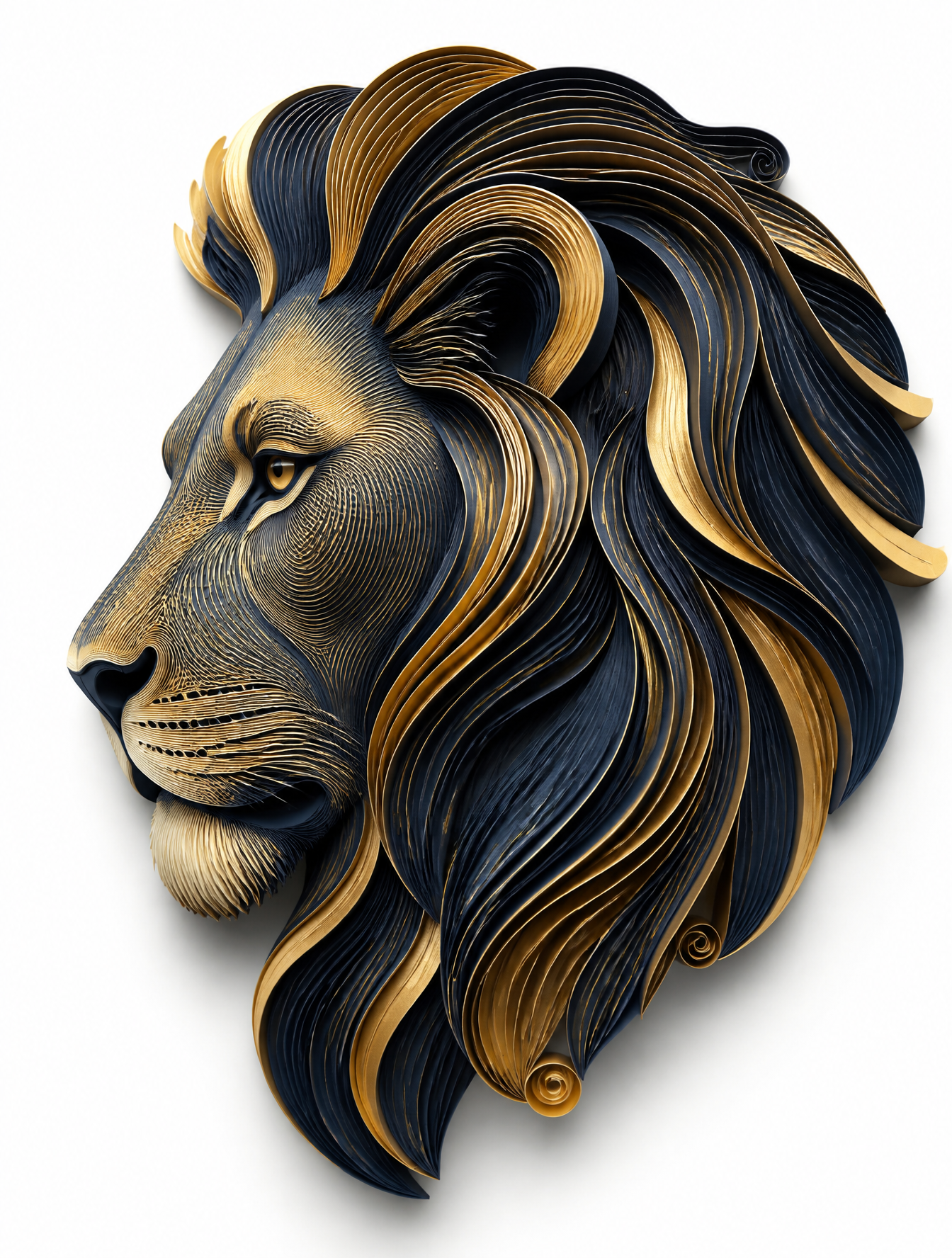 A stylized, three-dimensional profile relief of a lion’s head emerges from a stark white …