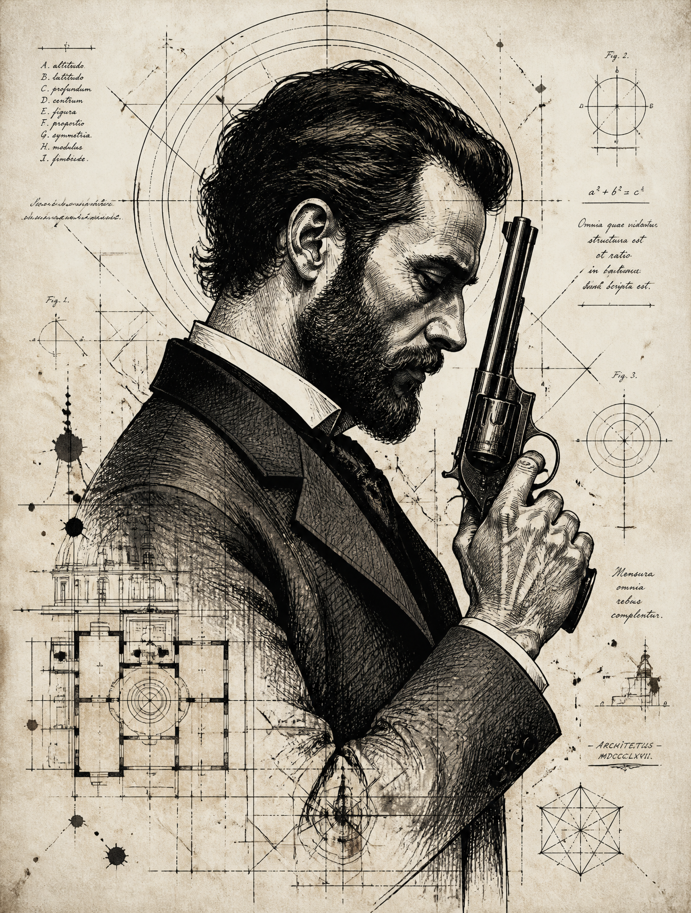 A stylized, high-contrast ink illustration depicts a bearded man in a suit holding a revo…
