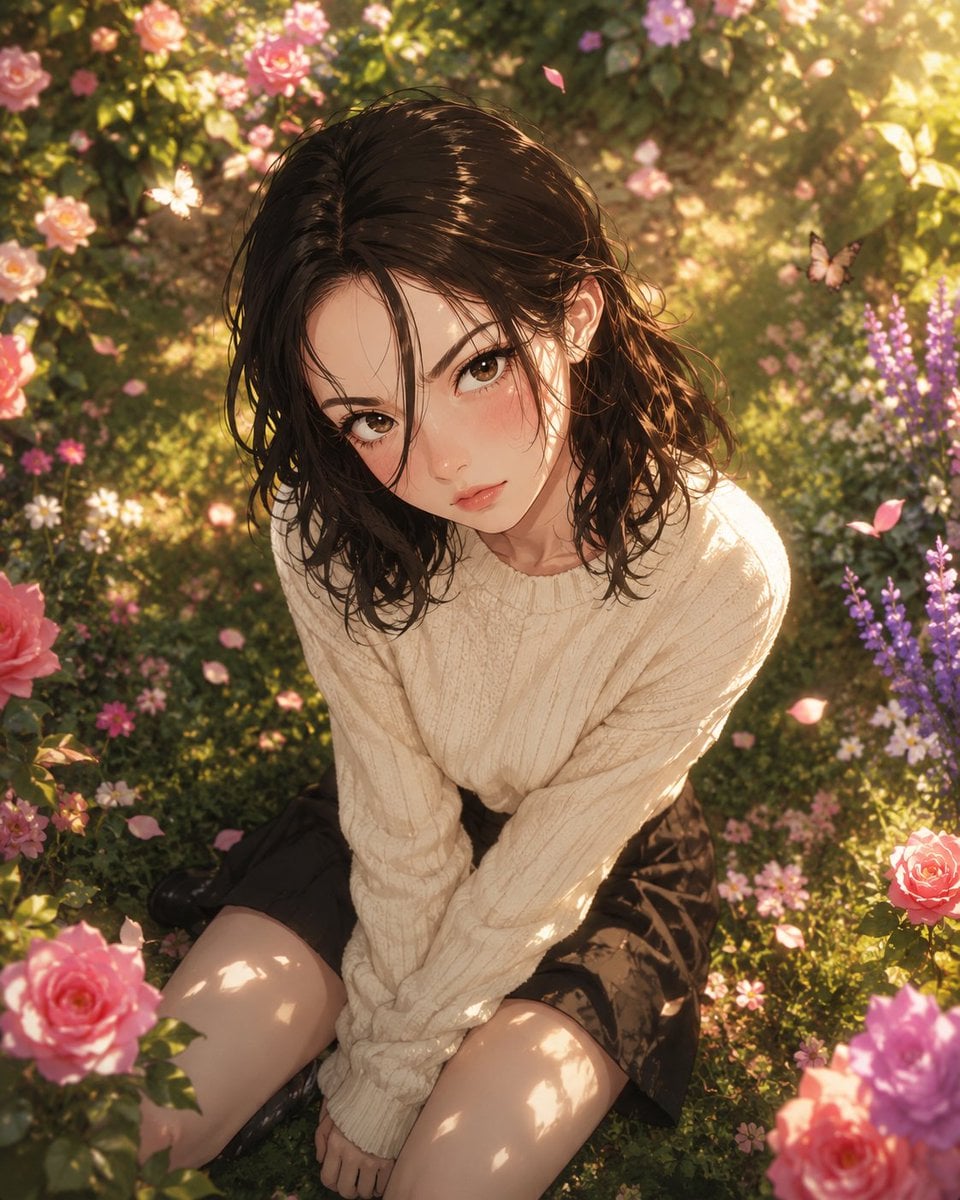 A breathtakingly beautiful young anime woman sitting gracefully in a lush spring garden, …