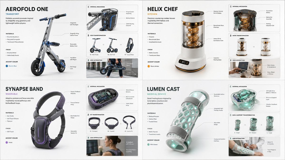 2x2 grid, do this for 4 science inspired inventions, 16:9 <system_role> you are a product…
